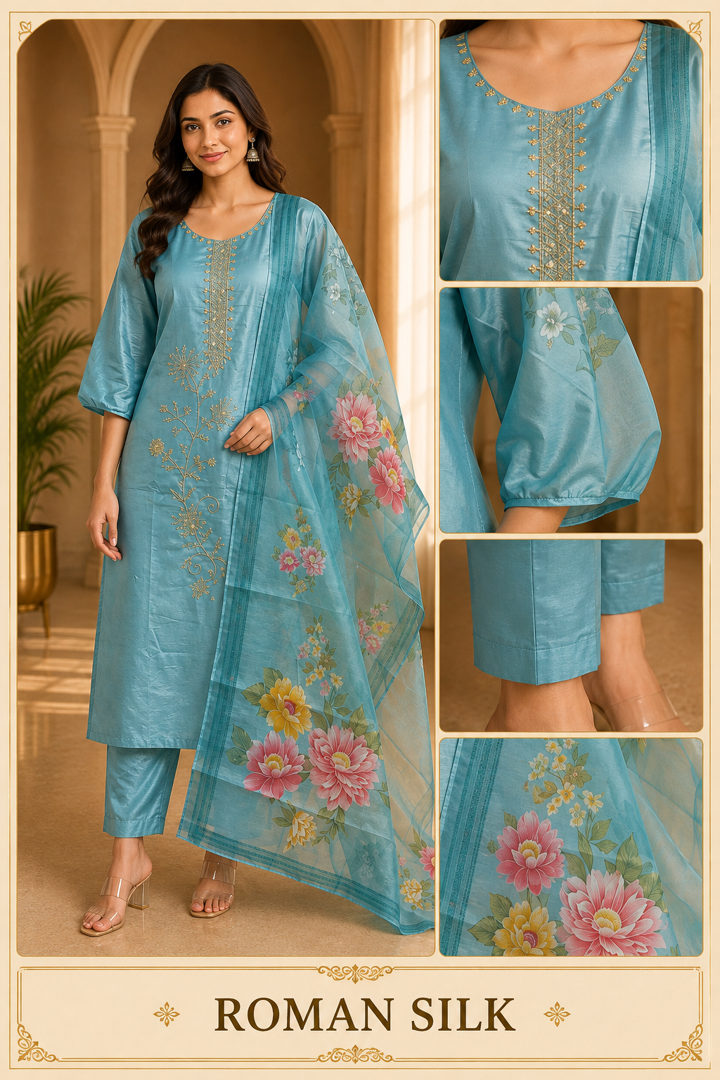 Teal Blue ROMAN SILK 3-Piece Suit with ORGANZA DUPATTA