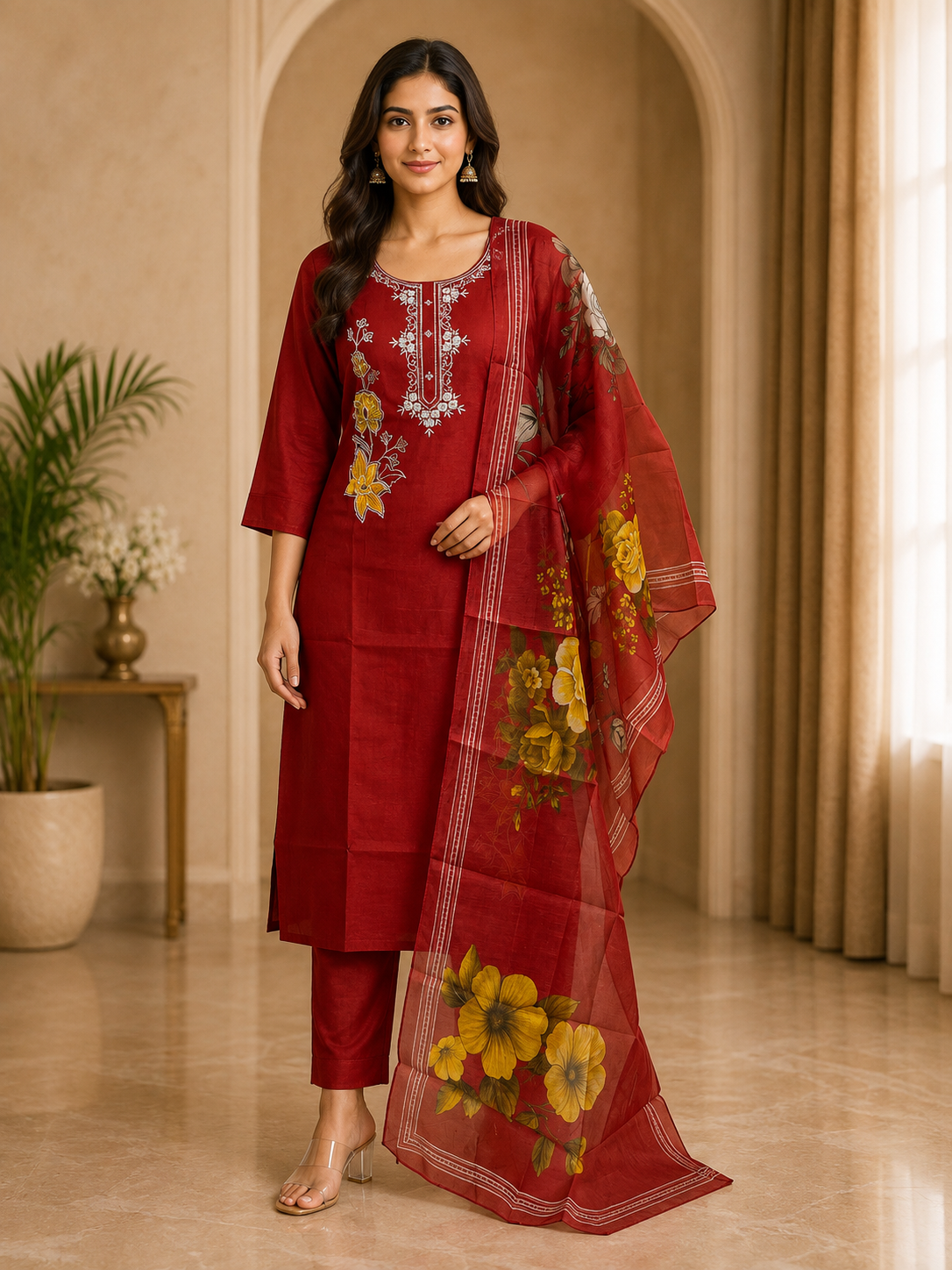 Deep Red ROMAN SILK 3-Piece Suit with ORGANZA DUPATTA