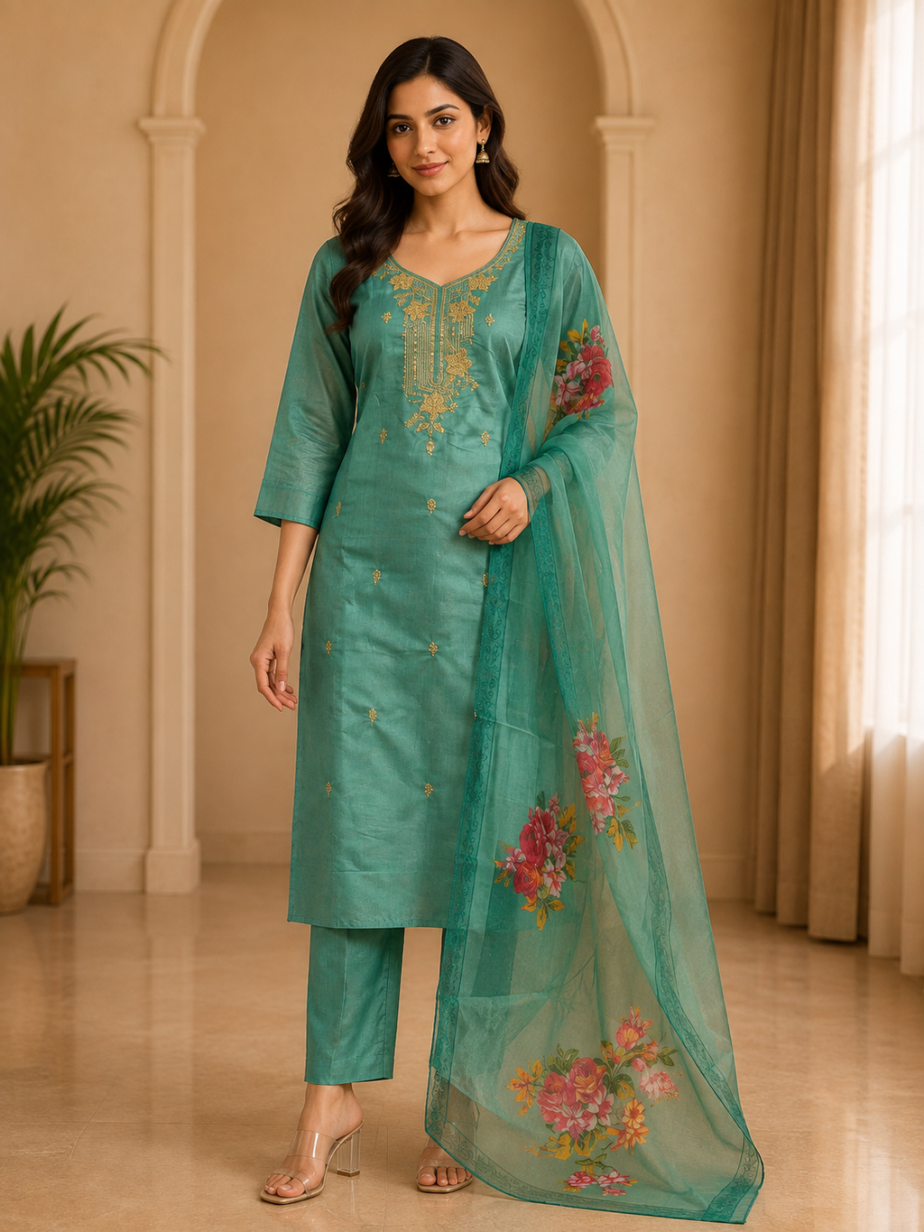 Teal Green ROMAN SILK 3-Piece Suit with ORGANZA DUPATTA