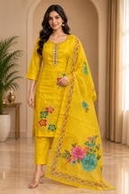 Mustard Yellow ROMAN SILK 3-Piece Suit with ORGANZA DUPATTA