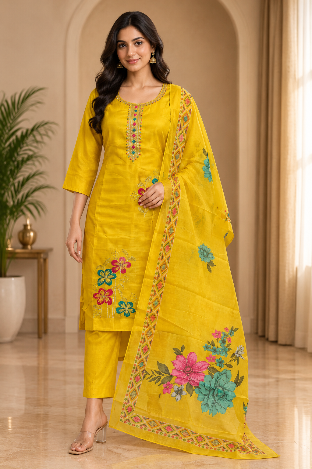 Mustard Yellow ROMAN SILK 3-Piece Suit with ORGANZA DUPATTA
