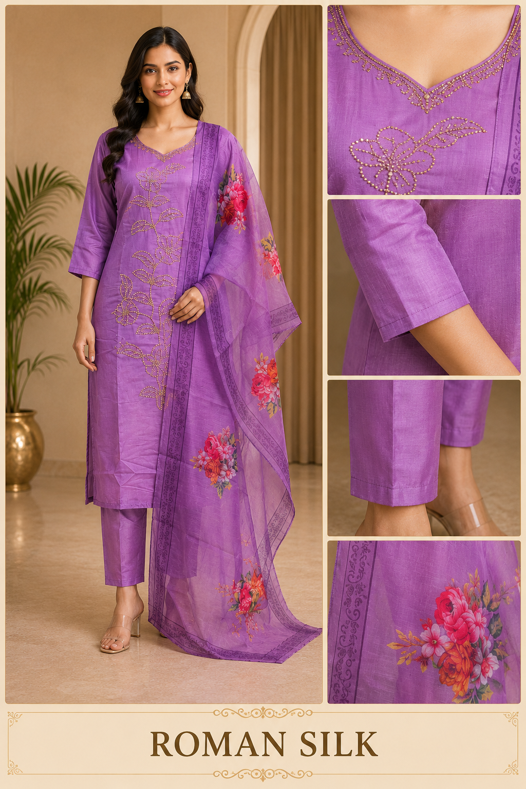 Lavender ROMAN SILK Embroidered 3-Piece Suit with ORGANZA DUPATTA
