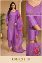 Lavender ROMAN SILK Embroidered 3-Piece Suit with ORGANZA DUPATTA