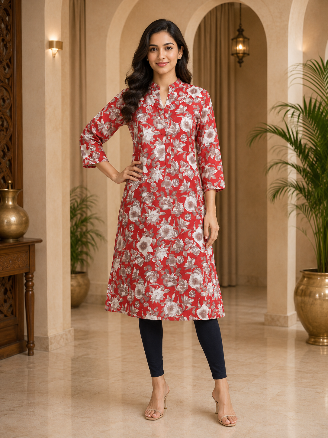 Red Cotton Floral Print Single Long A-Line Kurti for Women