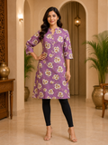 Mauve Cotton Floral Print Single LONG A-line Kurti for Women