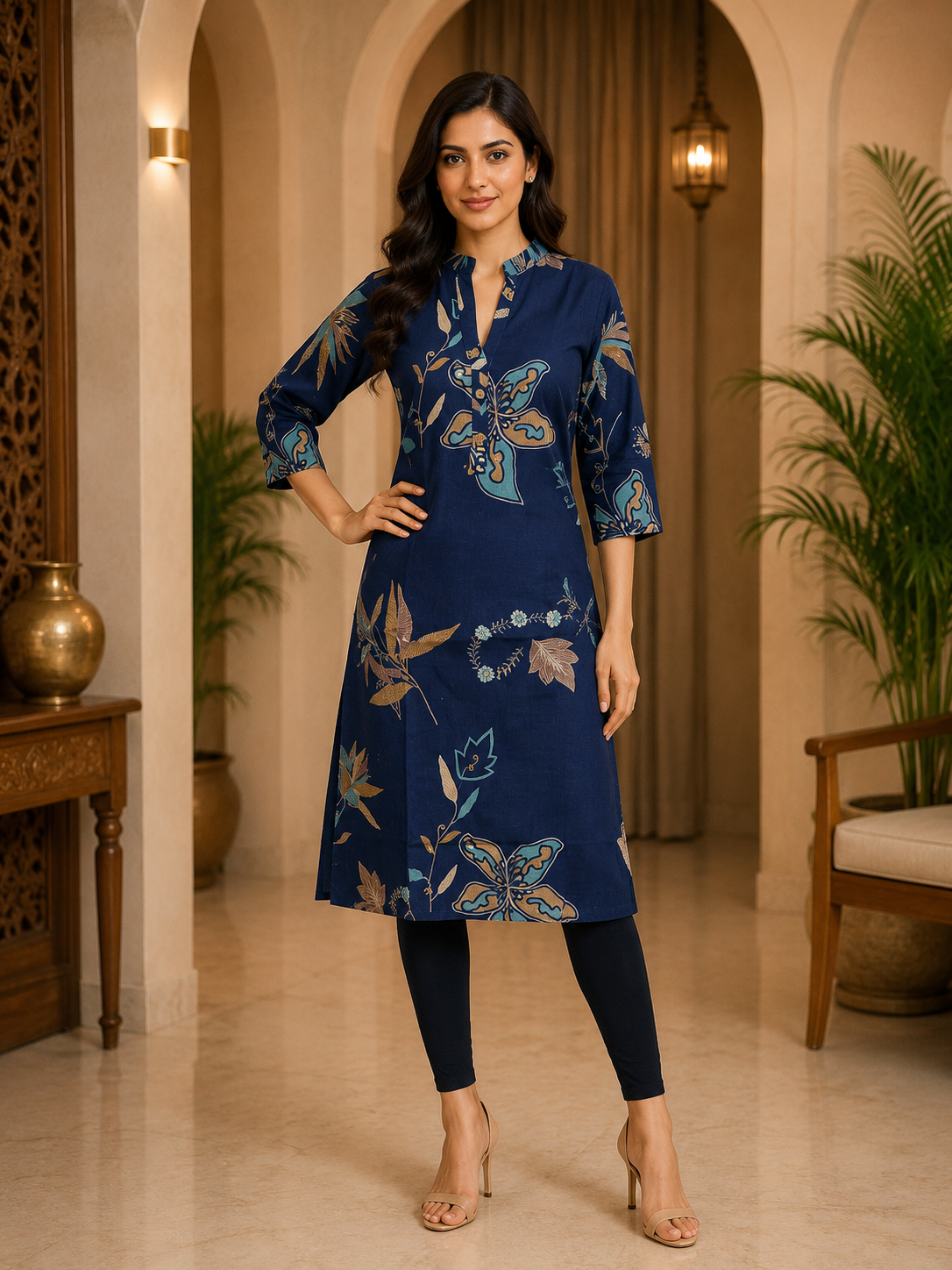 Navy Blue Cotton Floral Print Single LONG A-line Kurti For Women
