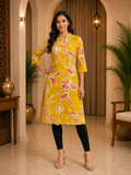 Mustard Yellow Cotton Leaf Print Single LONG A-line Kurti For Women