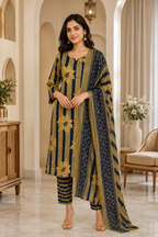 Navy Blue Mull Cotton Straight Kurti 3-Piece Set with Pant & Dupatta