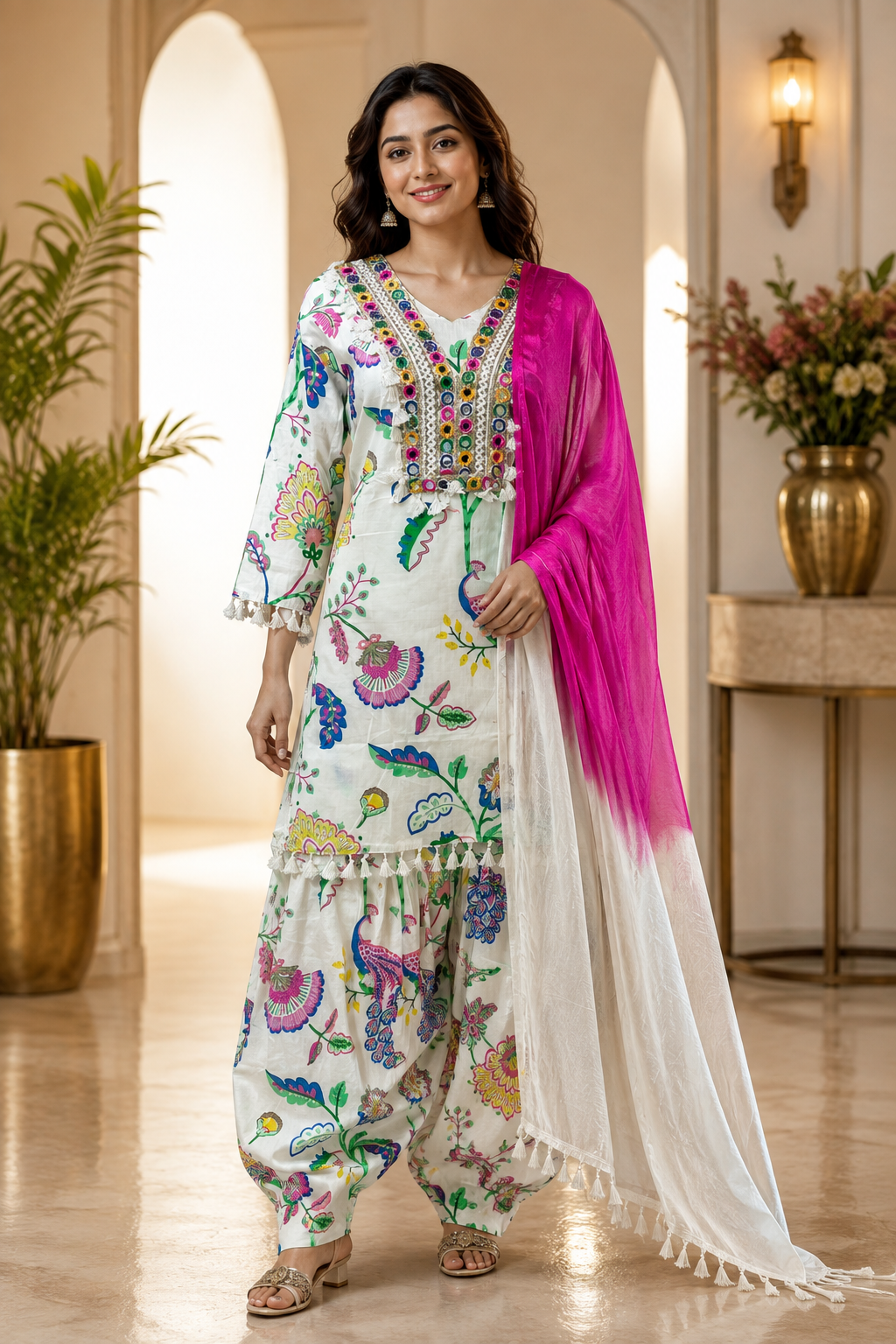 Ivory Mull Cotton Straight-Cut Kurti 3-Piece Set with Pant & Dupatta