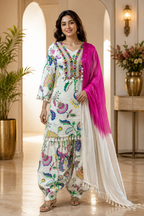 Ivory Mull Cotton Straight-Cut Kurti 3-Piece Set with Pant & Dupatta
