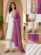 White Roman Silk Embroidered 3-Piece Suit with Straight Pants & Lavender Dupatta