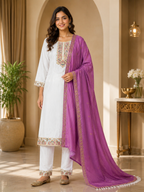 White Roman Silk Embroidered 3-Piece Suit with Straight Pants & Lavender Dupatta