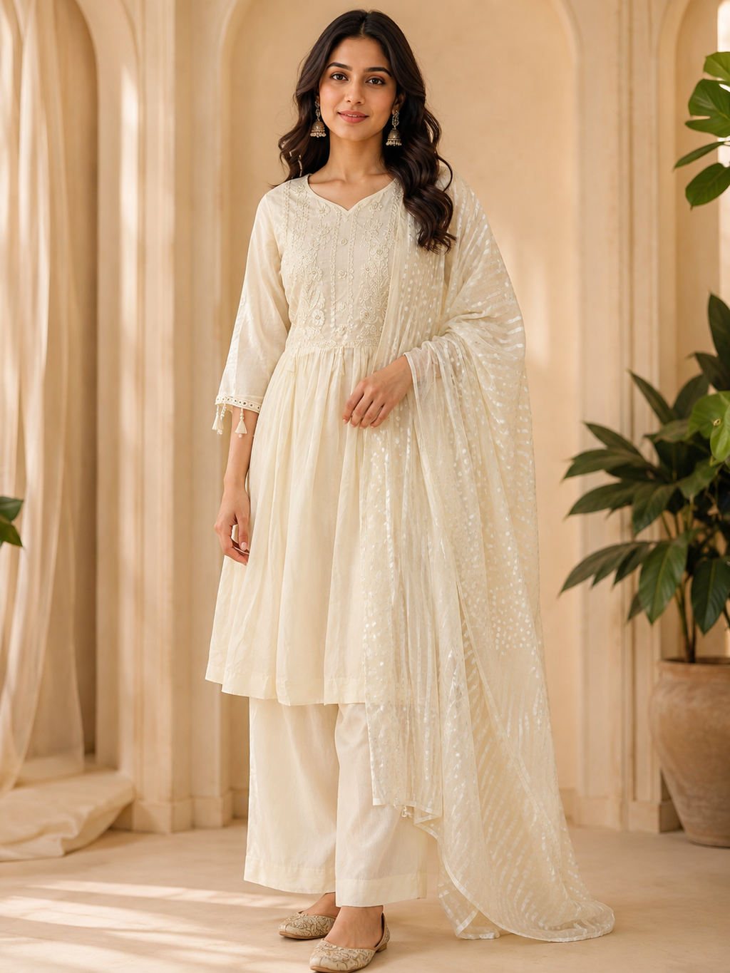 Ivory Cotton Mull 2-Piece Designer Set with Hand Work Embroidery