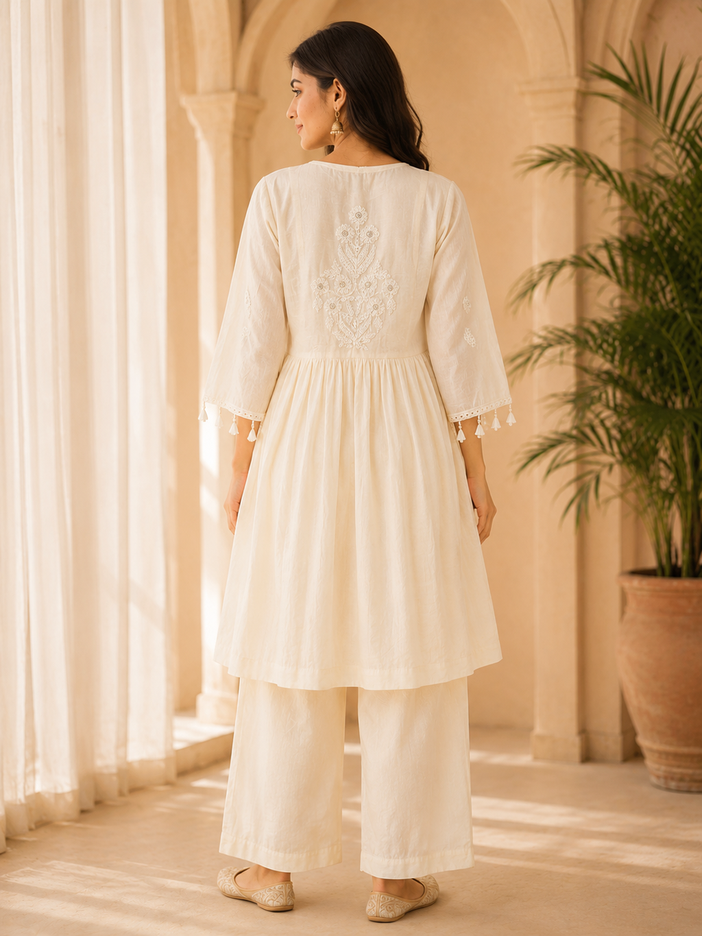 Ivory Cotton Mull 2-Piece Designer Set with Hand Work Embroidery