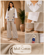 Mull Cotton Beige 2-Piece Co-Ord Set with Hand Work Embroidery