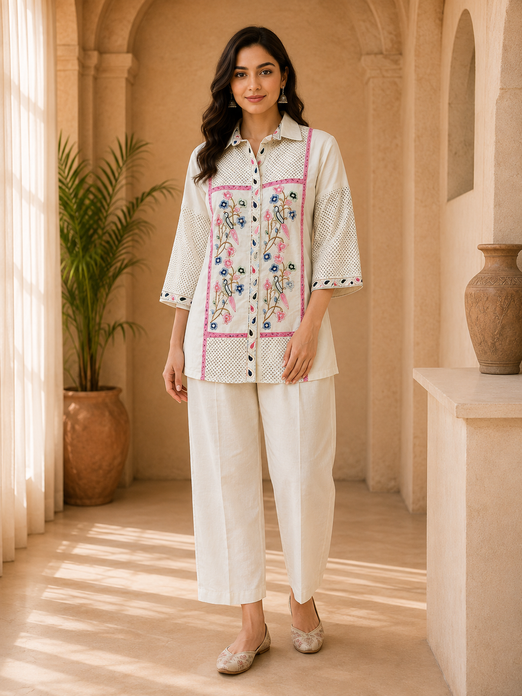 Ivory Mull Cotton Embroidered 2-Piece Co-ord Set
