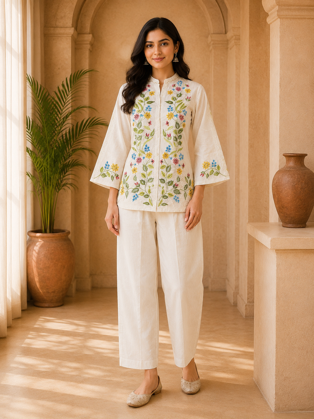 Ivory Mull Cotton Embroidered 2-Piece Co-Ord Set