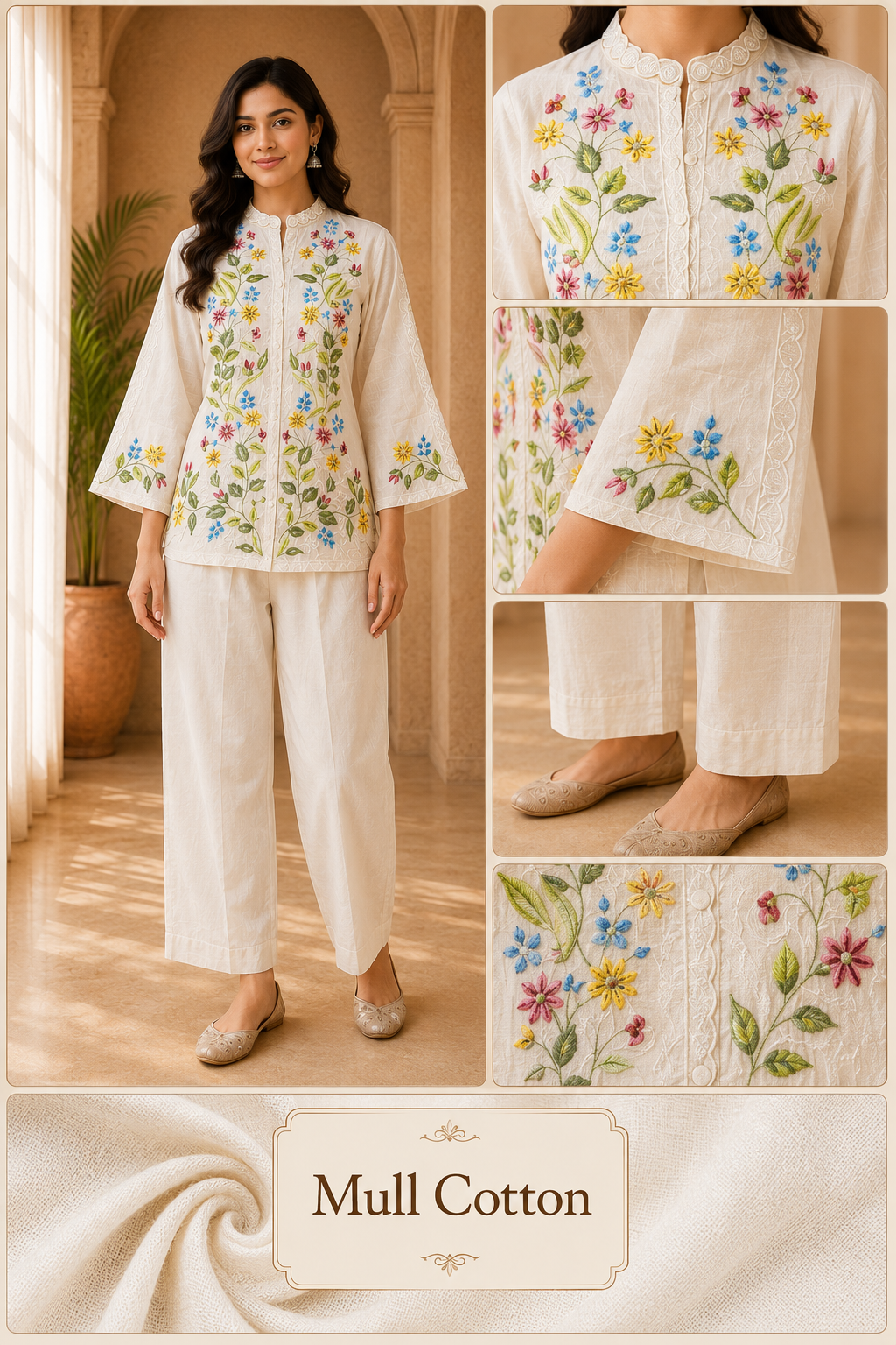 Ivory Mull Cotton Embroidered 2-Piece Co-Ord Set