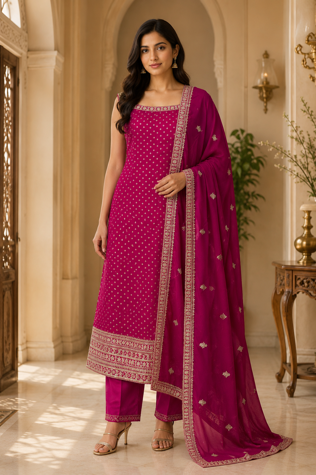 Deep Magenta Vertican Skill Sleeveless 3-Piece Kurti Set with Pant & Dupatta