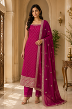 Deep Magenta Vertican Skill Sleeveless 3-Piece Kurti Set with Pant & Dupatta