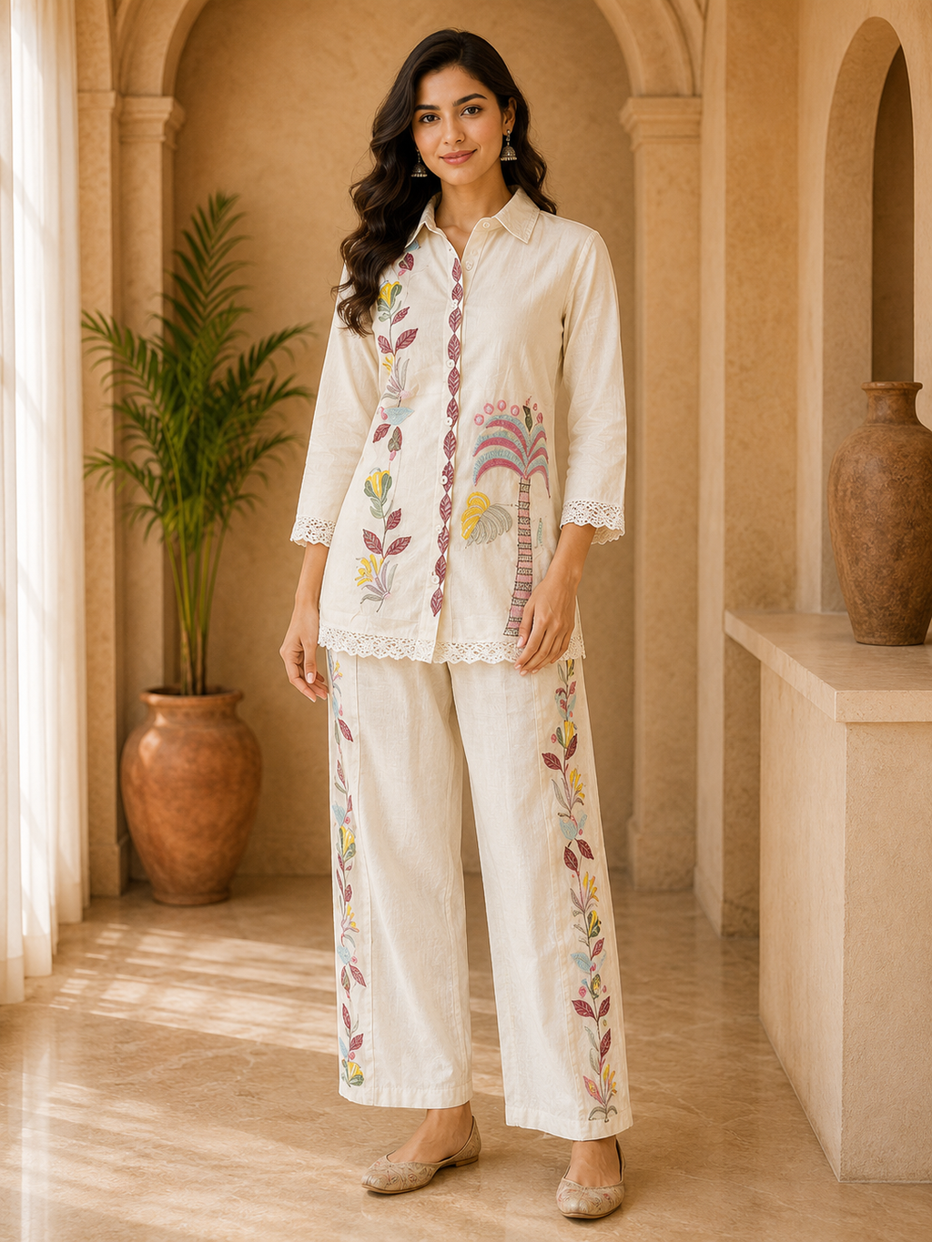 Ivory Mull Cotton Embroidered 2-Piece Co-Ord Set