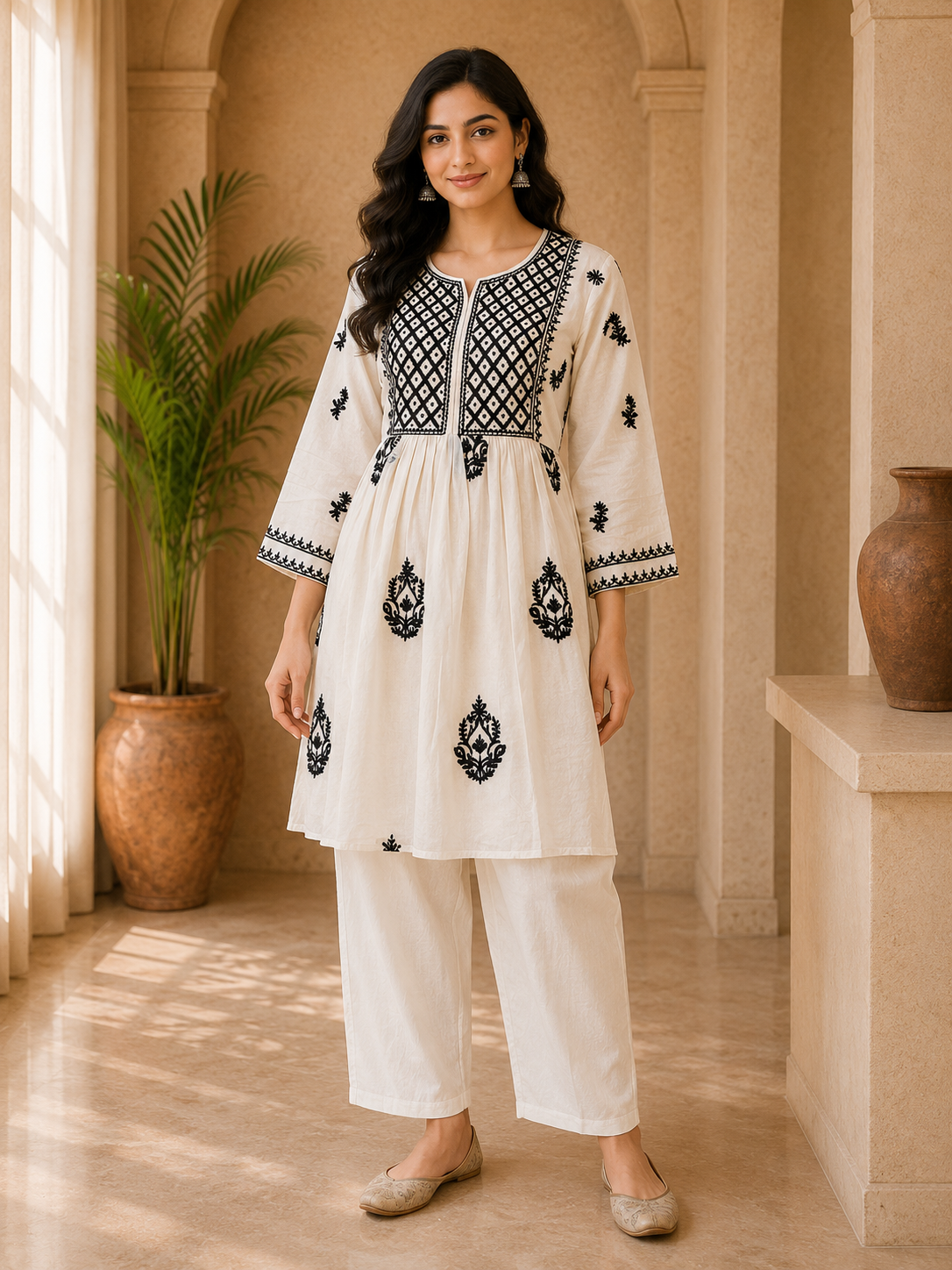 Ivory Mull Cotton Hand Work Embroidered 2-Piece Co-Ord Set