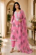 Pink Mull Cotton Round Kurti 3-Piece Set with Pant & Dupatta