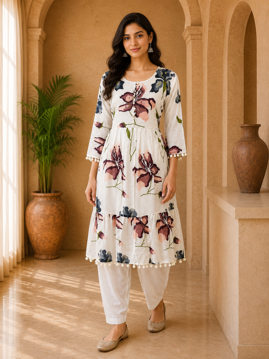 Ivory Mull Cotton Floral Embroidered 2-Piece Co-Ord Set