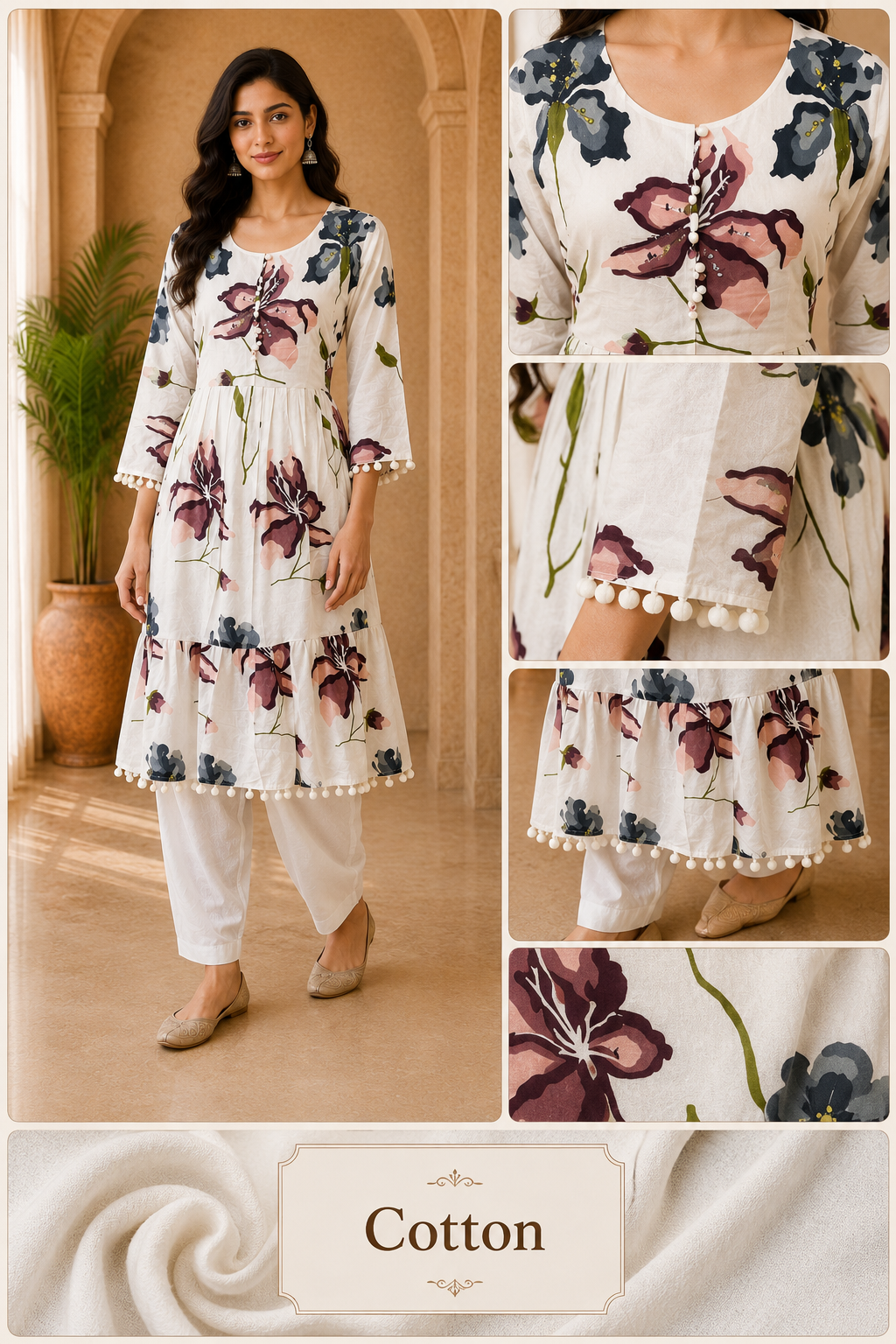 Ivory Mull Cotton Floral Embroidered 2-Piece Co-Ord Set