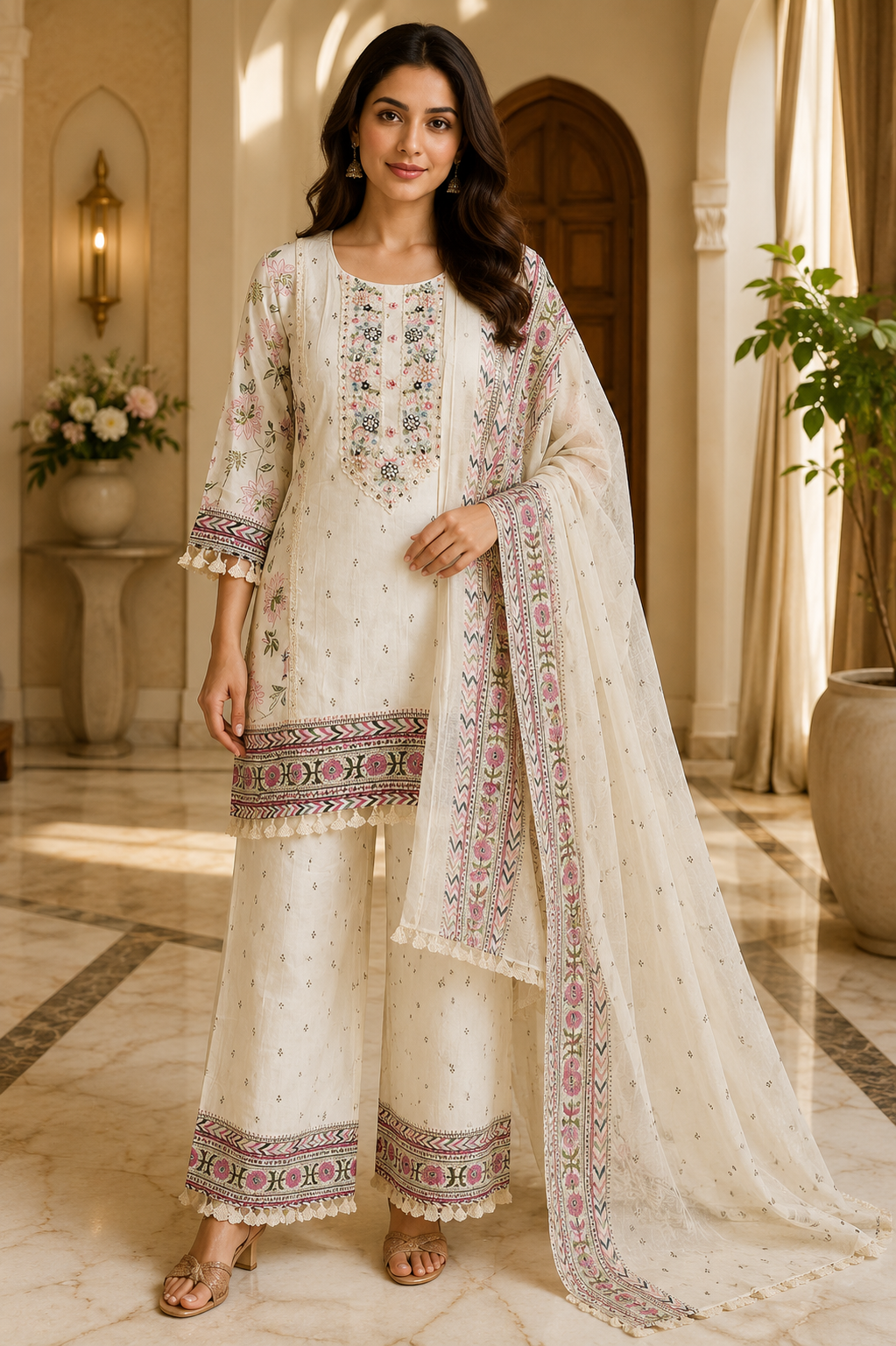 Ivory Mull Cotton Straight Kurti 3-Piece Set with Pant & Dupatta