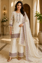 Ivory Mull Cotton Straight Kurti 3-Piece Set with Pant & Dupatta