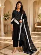 Black Mull Cotton A-Line Kurti 3-Piece Set with Pant & Dupatta
