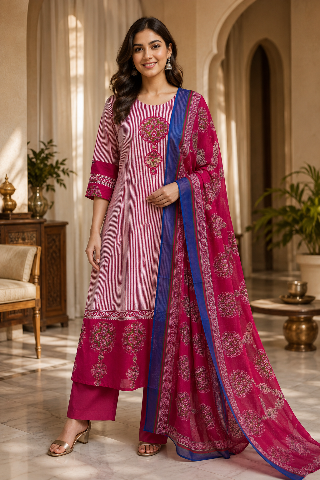 Pink Mull Cotton A-Line Kurti 3-Piece Set with Pant & Dupatta