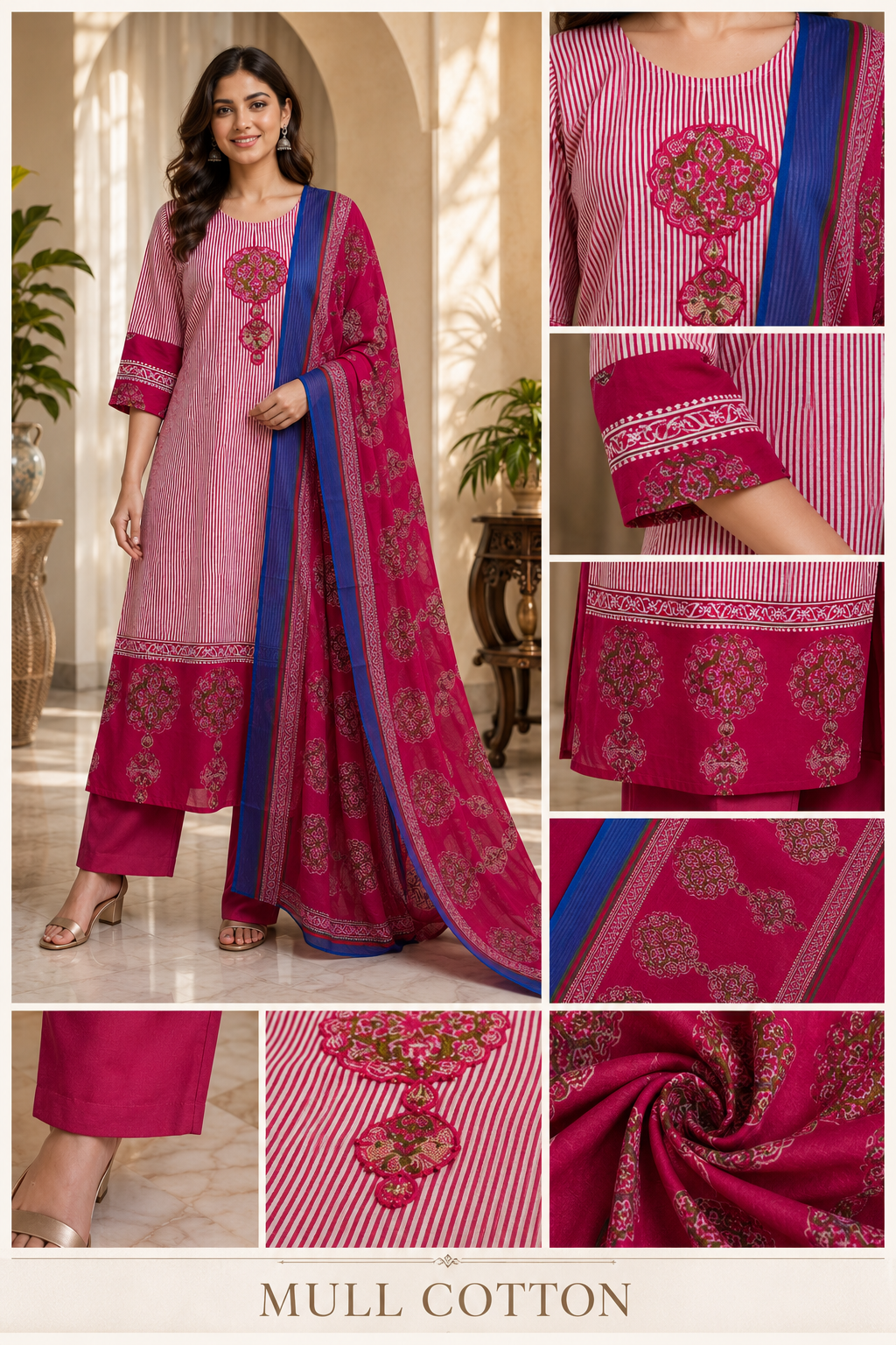 Pink Mull Cotton A-Line Kurti 3-Piece Set with Pant & Dupatta