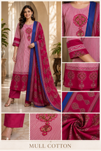Pink Mull Cotton A-Line Kurti 3-Piece Set with Pant & Dupatta