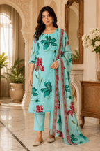 Turquoise Mull Cotton Straight Cut Kurti 3-Piece Set with Pant & Dupatta