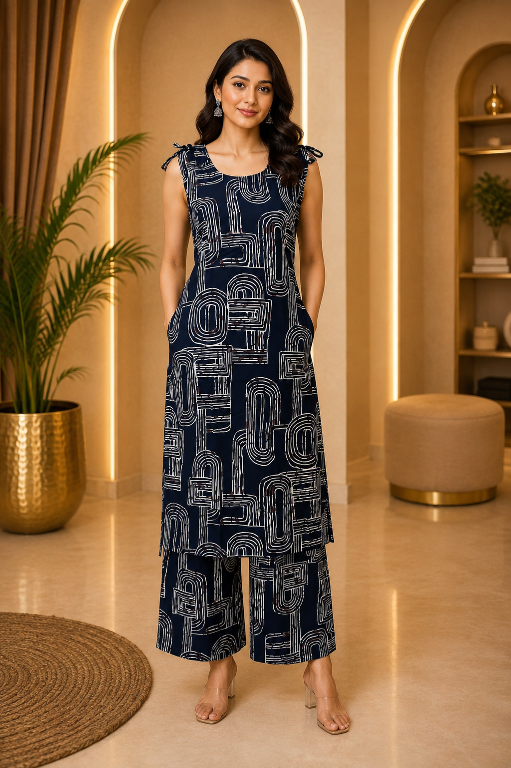 Navy Blue 24 Grade Heavy Rayon Printed Co-ord Set