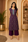Plum Purple Vertican Sleeveless Printed Co-ord Set
