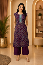 Plum Purple Vertican Sleeveless Printed Co-ord Set