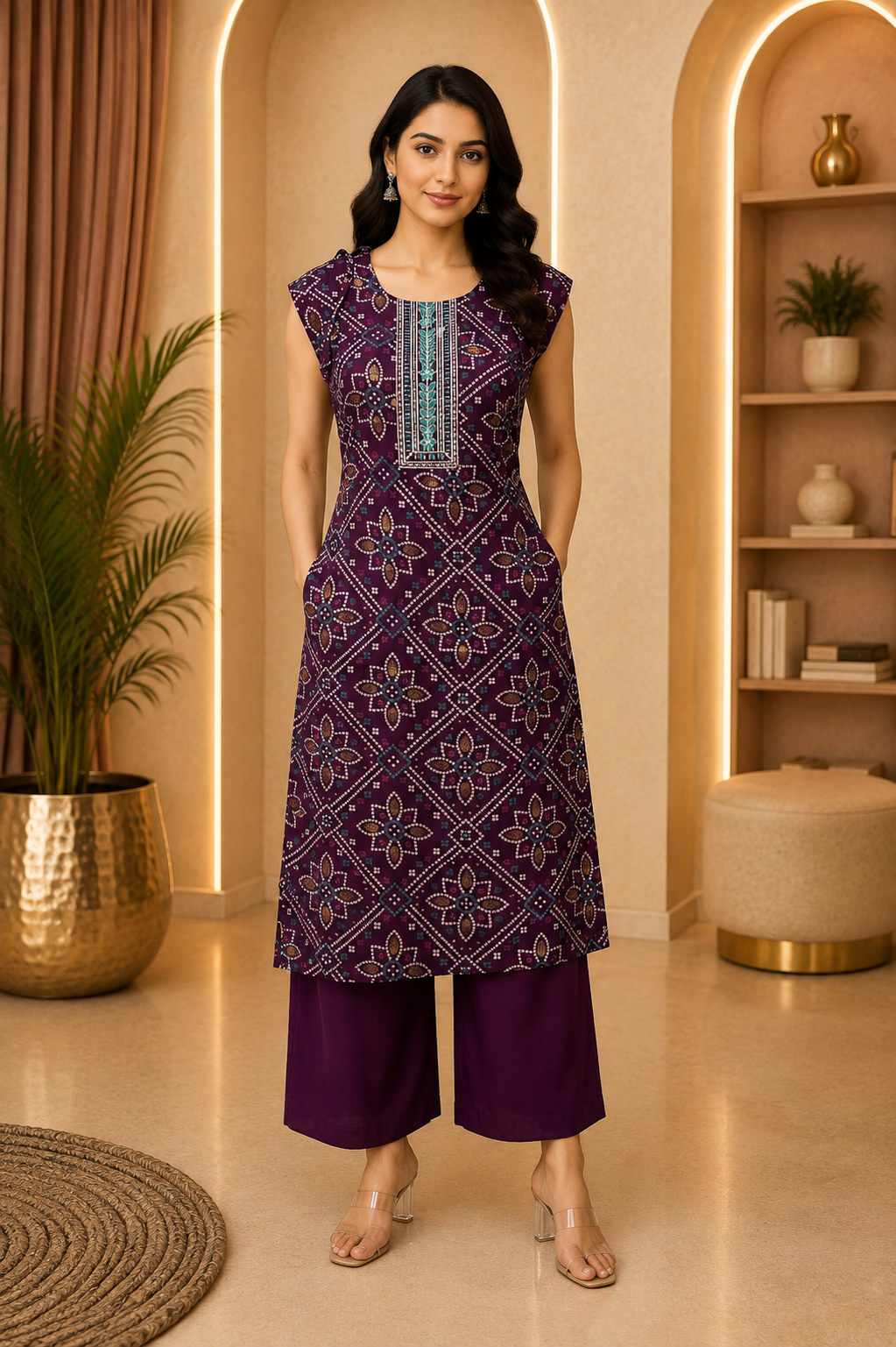 Plum Purple Vertican Sleeveless Printed Co-ord Set