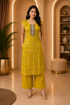Mustard Yellow Floral Vertican Co-ord Set with Side Pockets