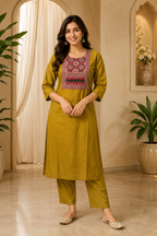 Mustard Dabu Cotton 2-Piece Co-Ord Set with Printed Front Detail