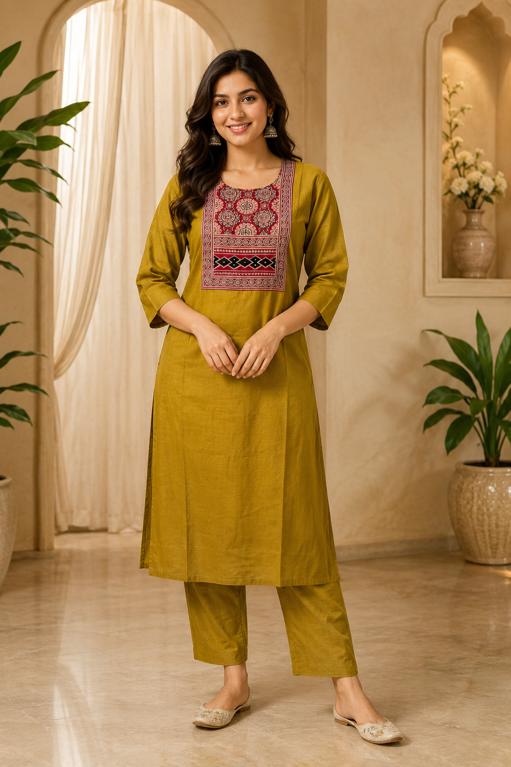 Mustard Dabu Cotton 2-Piece Co-Ord Set with Printed Front Detail