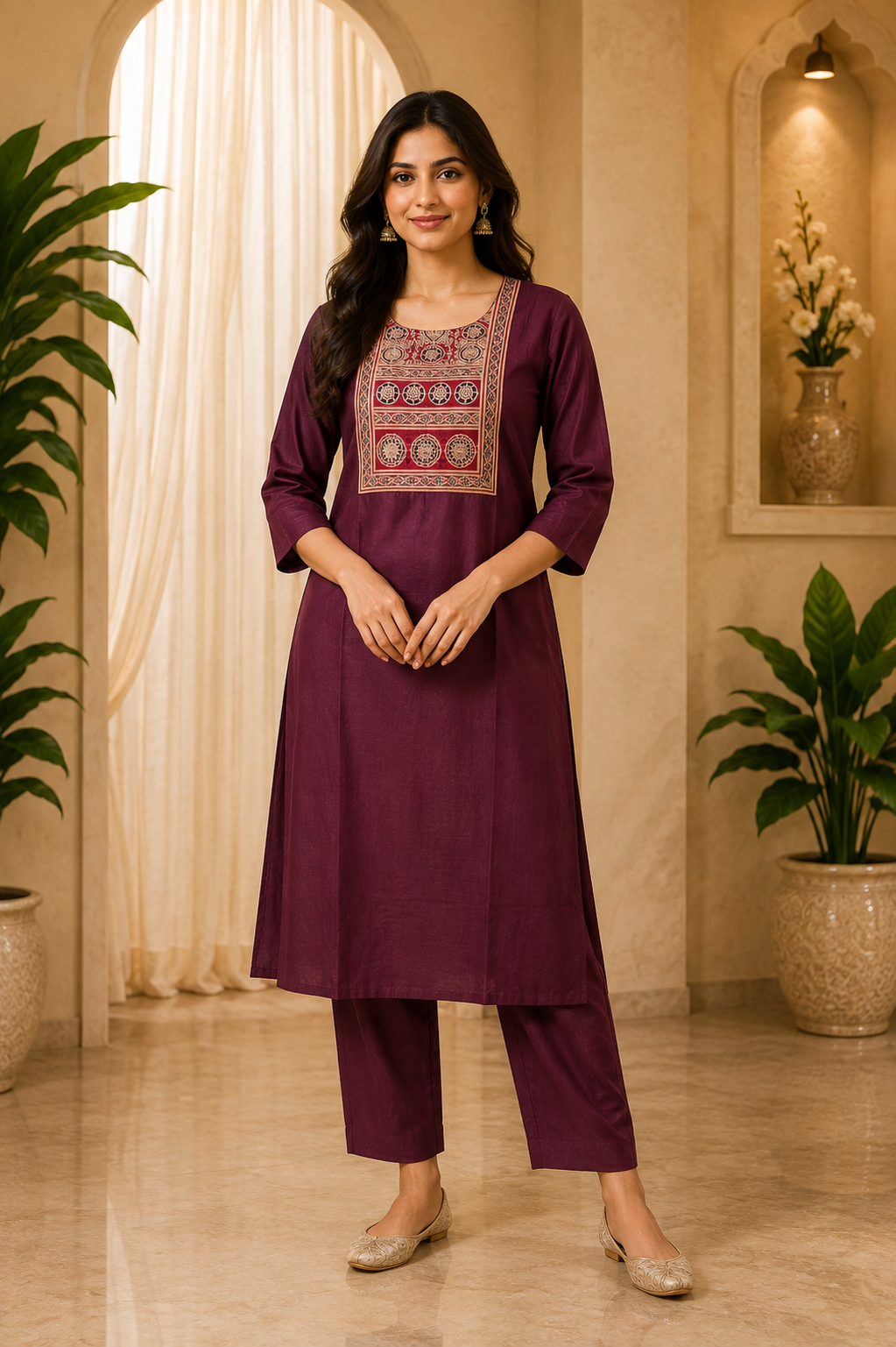 Wine Dabu Cotton 2-Piece Co-Ord Set with Printed Front Panel