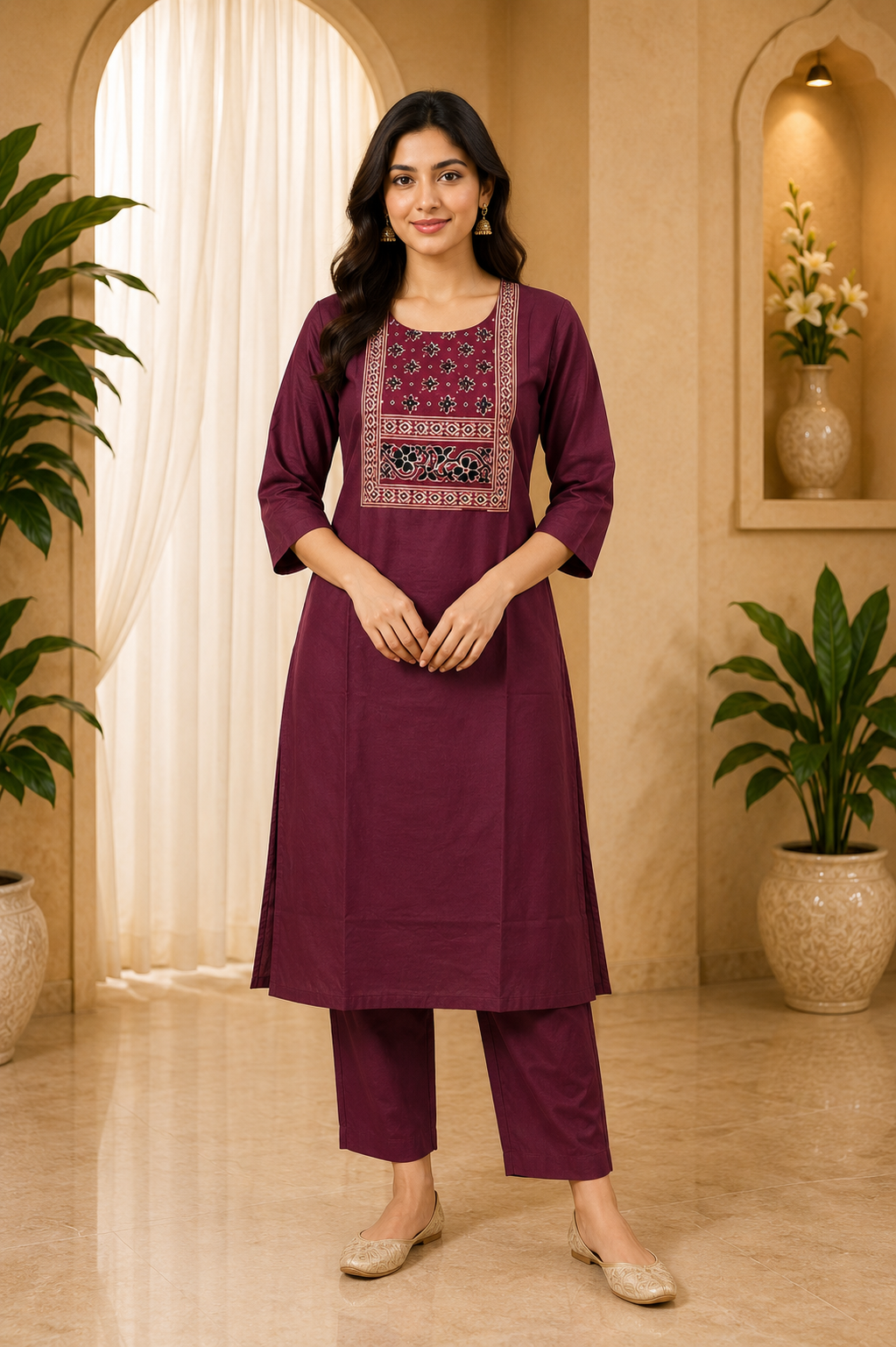 Wine Dabu Cotton 2-Piece Co-Ord Set with Traditional Printed Panel