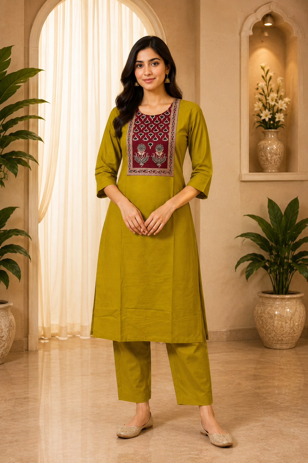 Mustard Olive Dabu Cotton 2-Piece Co-Ord Set with Printed Front Panel