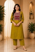 Mustard Yellow Dabu Cotton 2-Piece Co-Ord Set with Printed Yoke