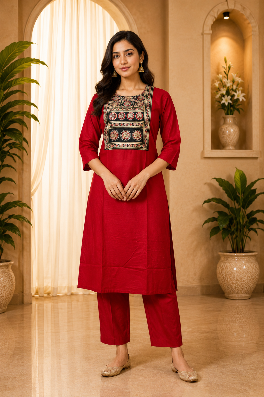 Red Dabu Cotton 2-Piece Co-Ord Set with Printed Front Panel
