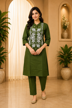 Olive Green Dabu Cotton 2-Piece Co-Ord Set with Hand Work