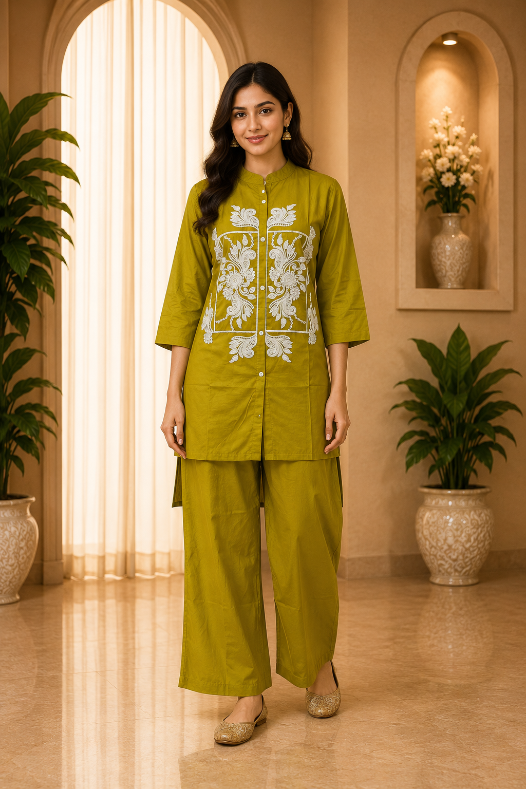 Mustard Olive Dabu Cotton 2-Piece Co-Ord Set with Hand Work Embroidery